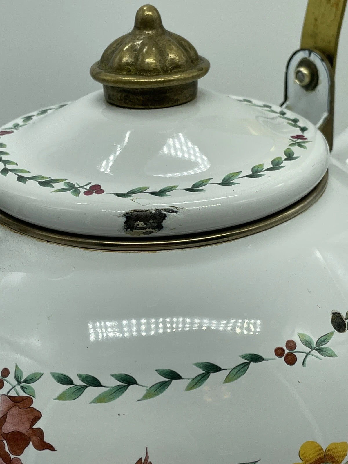 VTG MIKASA ENAMELED METAL TEA POT KETTLE FLOWERS BRASS KW001 SUMMER SYMPHONY