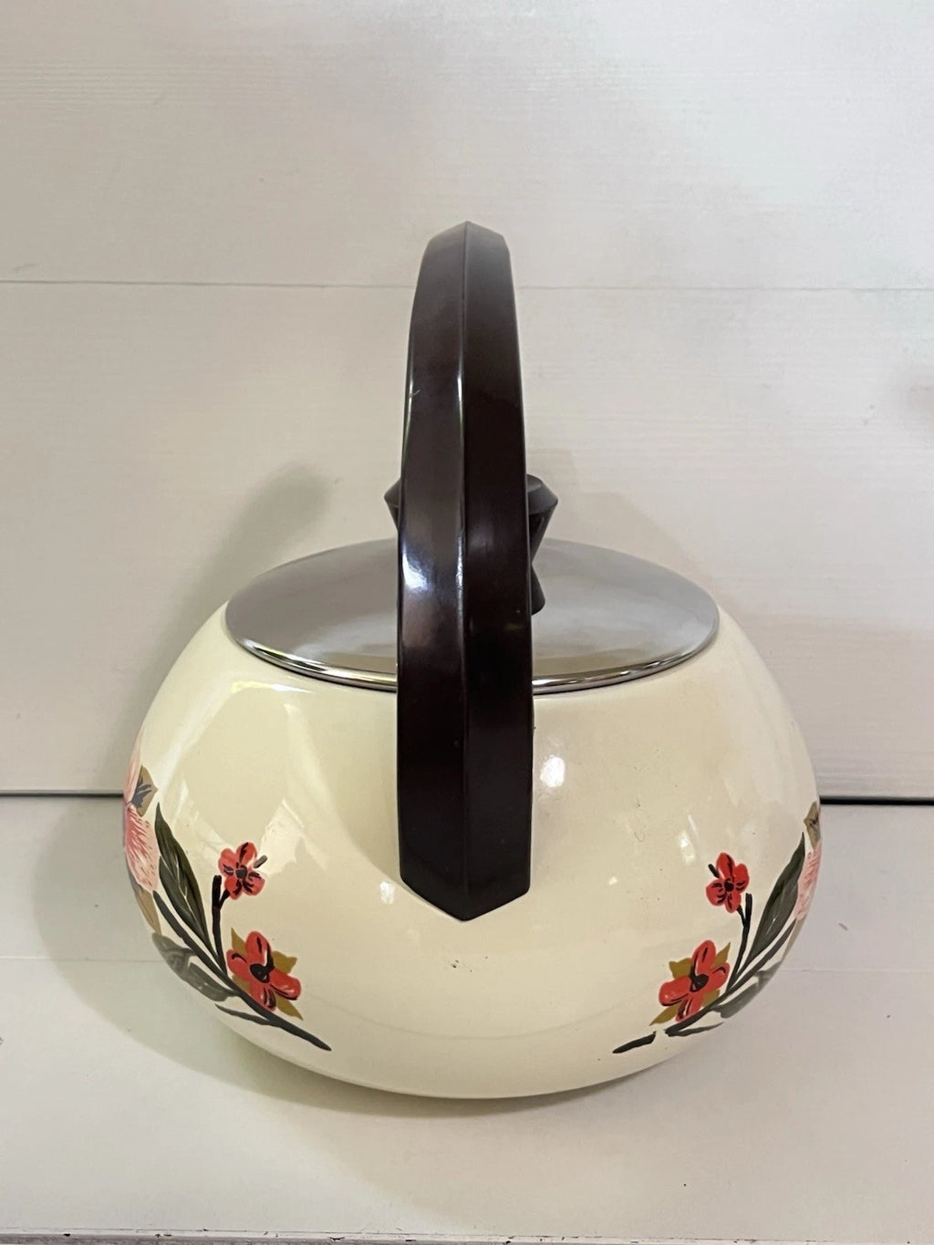Vintage Bumper Harvest Enamelware Teapot Whistling Kettle Tea Pot