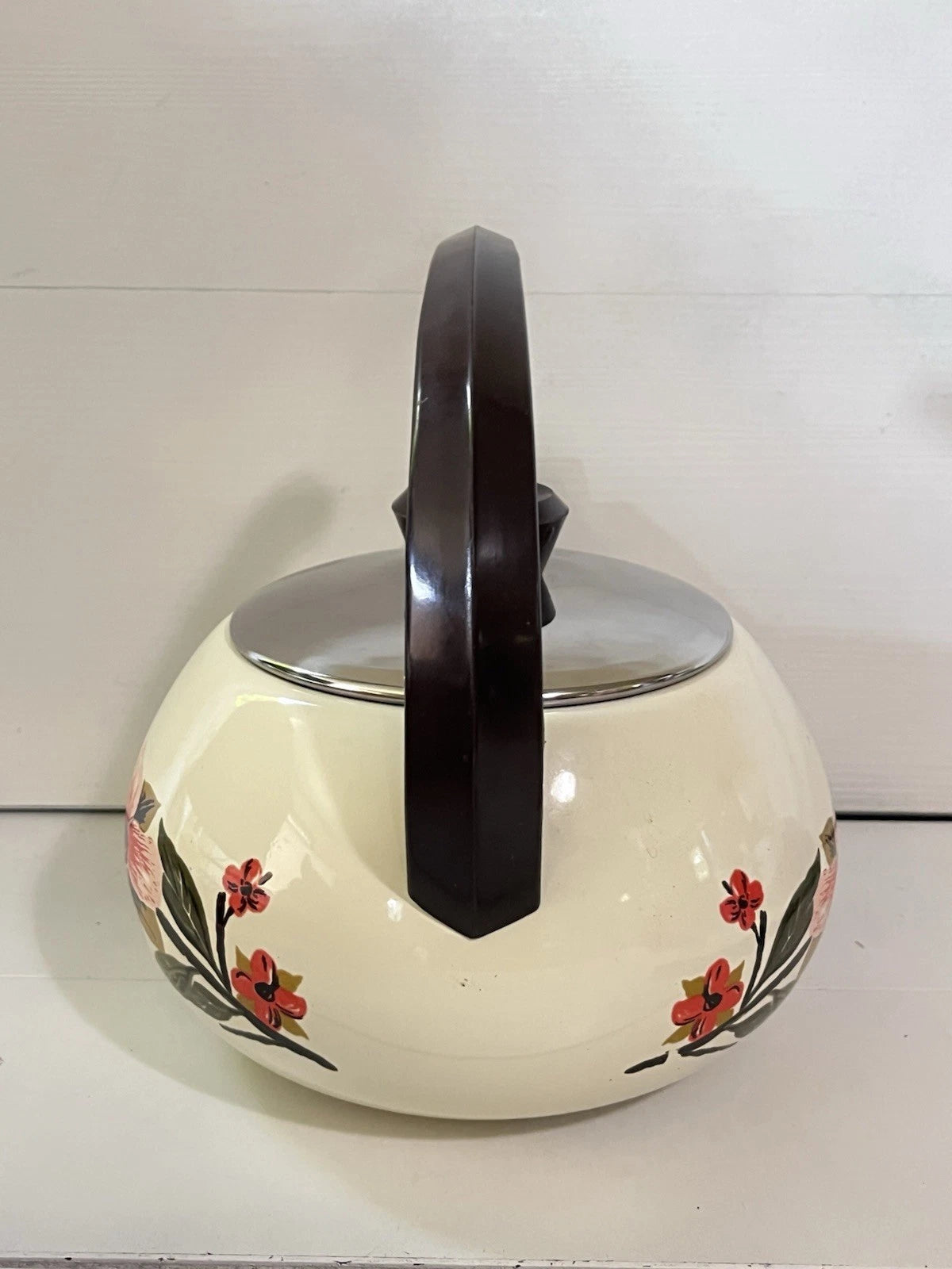 Vintage Bumper Harvest Enamelware Teapot Whistling Kettle Tea Pot