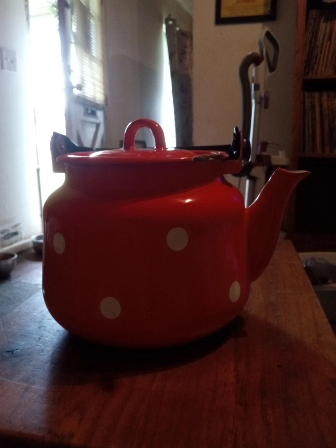 VINTAGE Soviet Enamelware Tea Kettle 3L Orange w White Dots