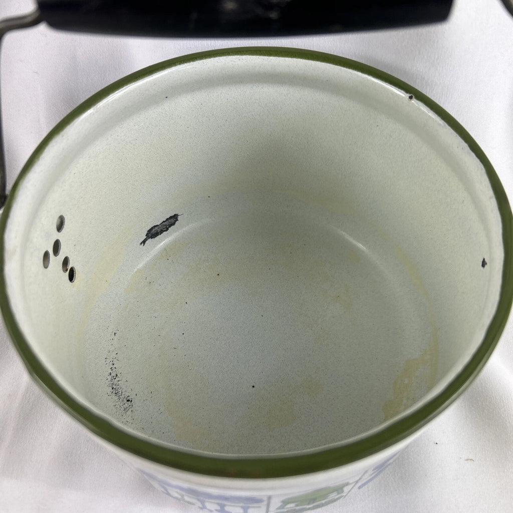 White Enamel Metal Tea Pot Kettle Wood Handle Blue Green Kitchen Retro