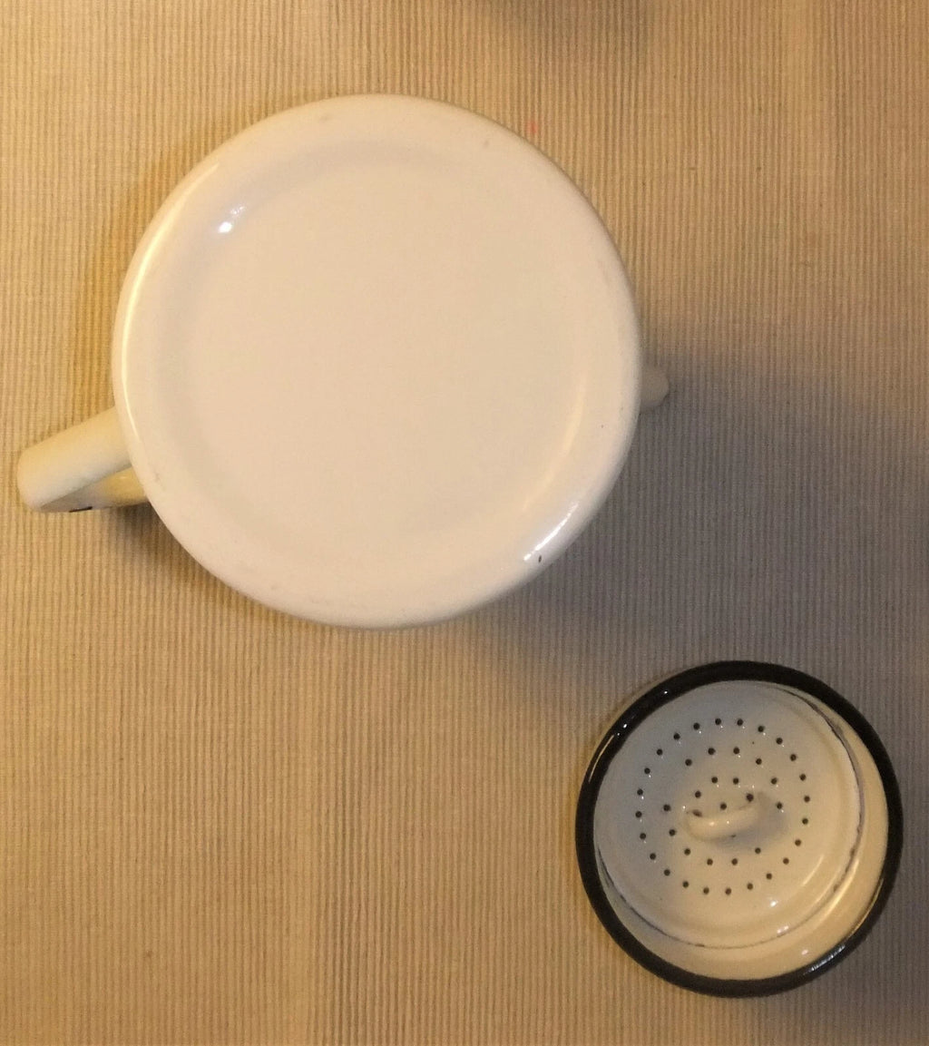 ANTIQUE SCREEN PRINTED PORCELAIN ENAMEL COFFEE MAKER OR TEAPOT