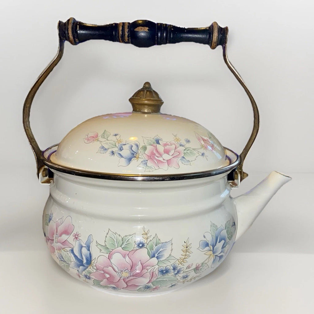 Vintage Pfaltzgraff Tea Rose Enamelware Kettle w/Lid - Black Handle - Some Rust