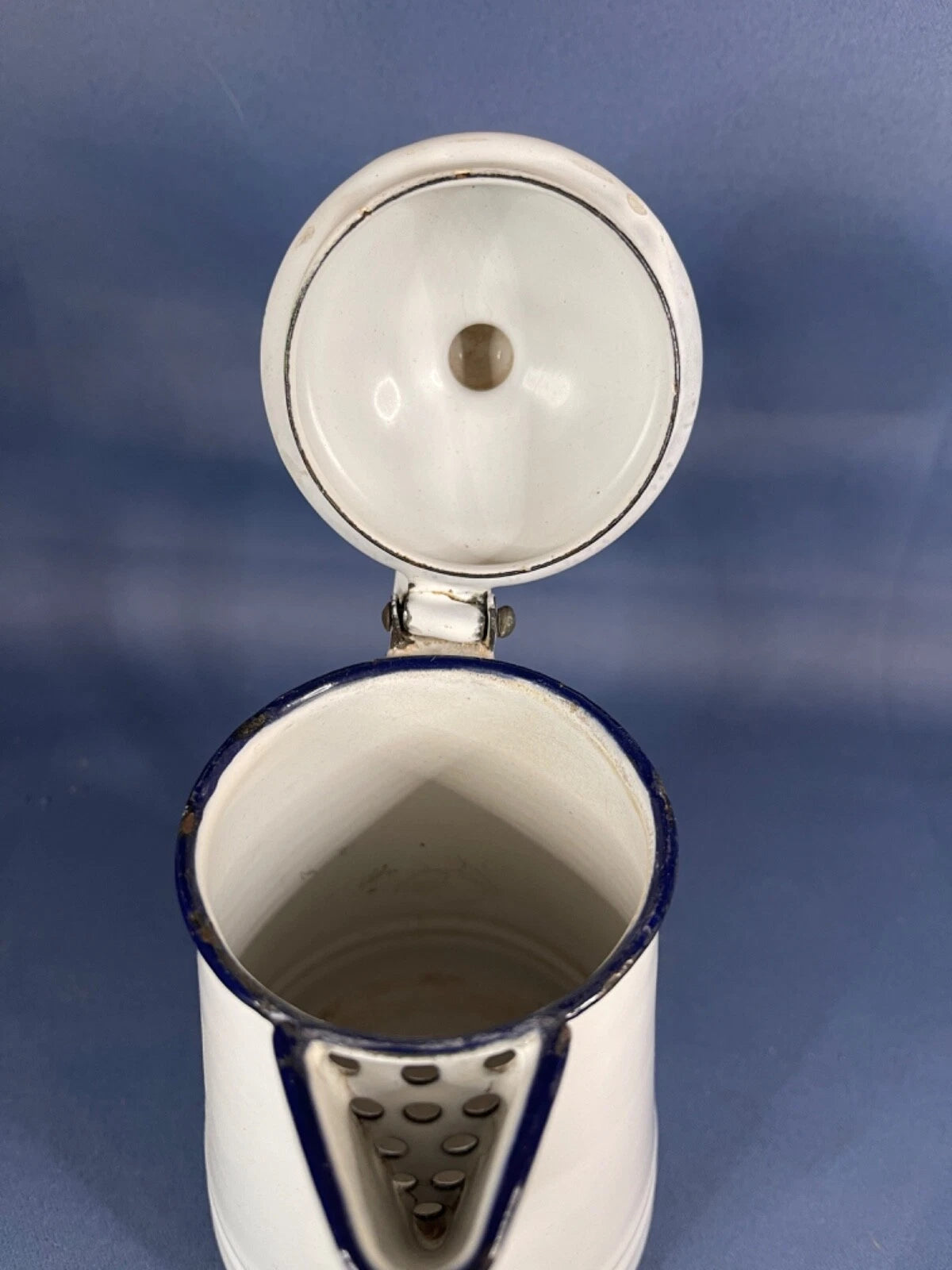 Enamelware Small 6 1/2" Coffee / Tea Pot White/Black Trim. RARE Find! 4736