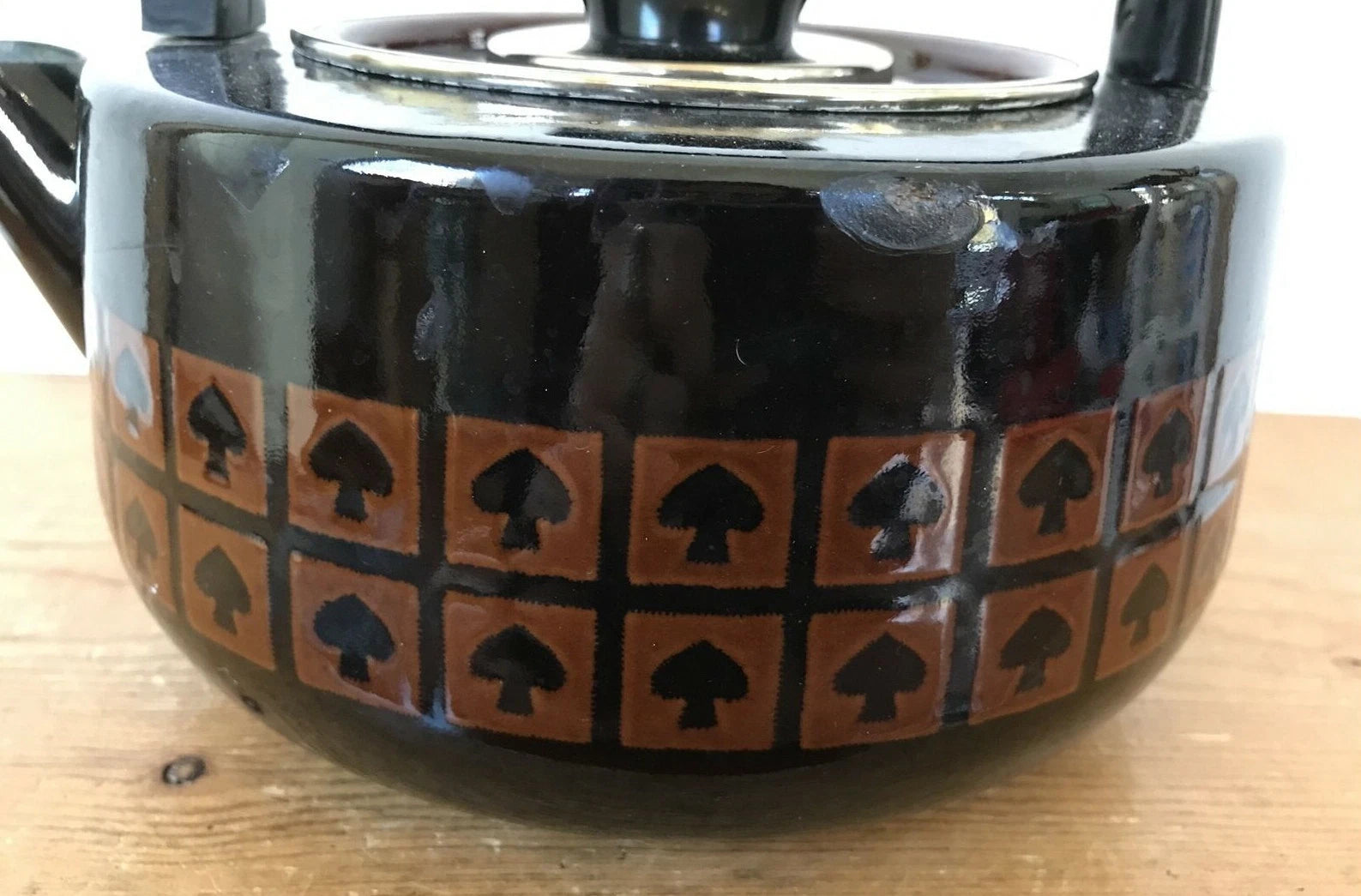 Vintage 60s 70s Mid Century Japanese Mushroom Spade Enamel Black Tea Pot Kettle