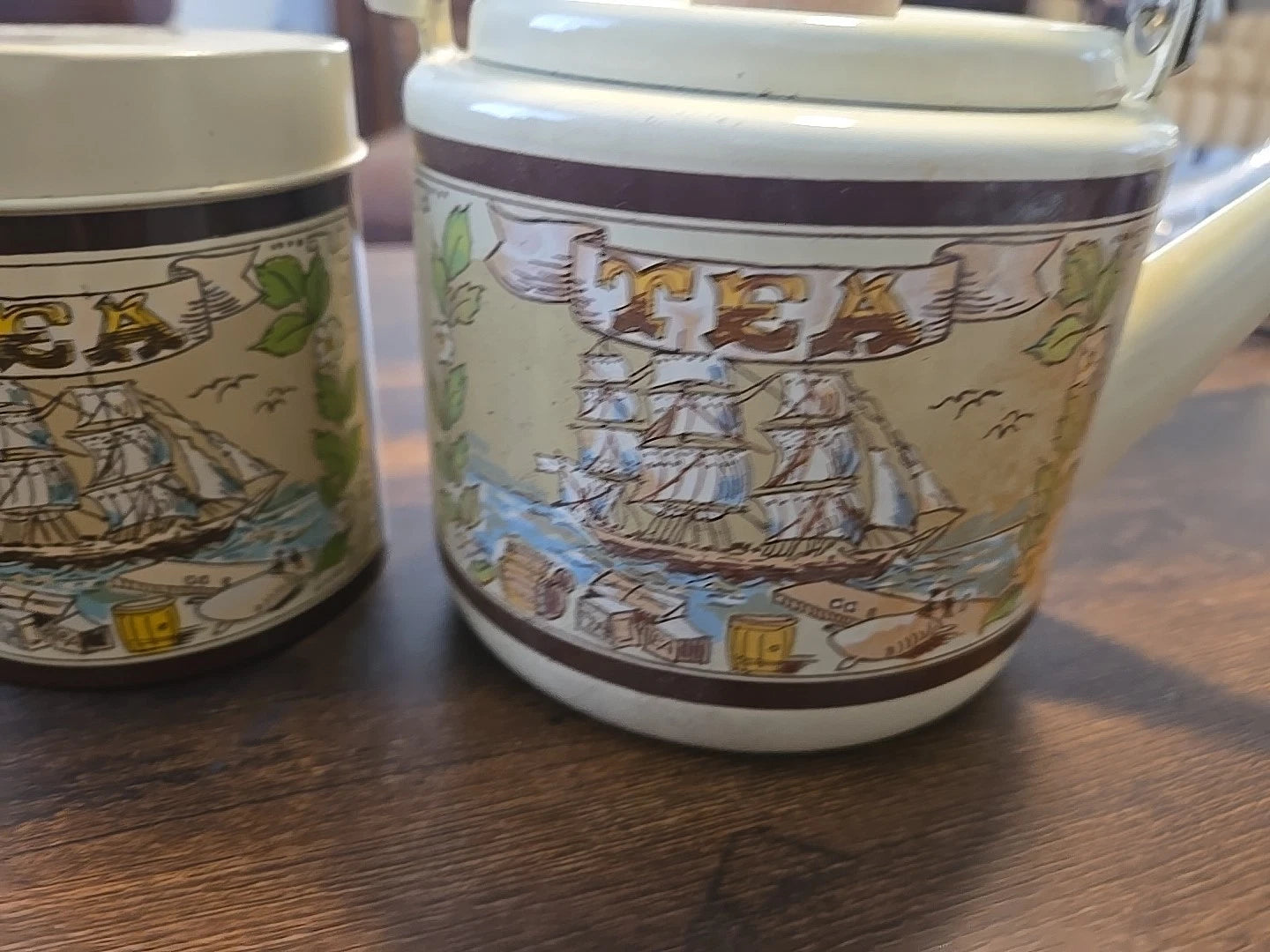 Vintage Beige Enamel Wear  Tea Pot & Tea Can Kettle Wood Handles, Sailboat 5"