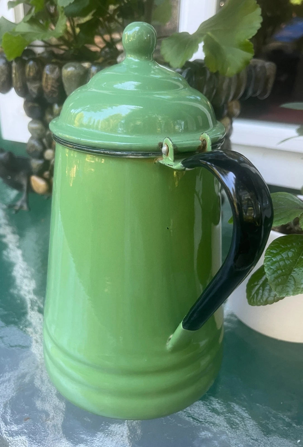 Vintage Jadeite Green Enamel Coffee Tea Pot Cowboy Camping Lid - Heavy