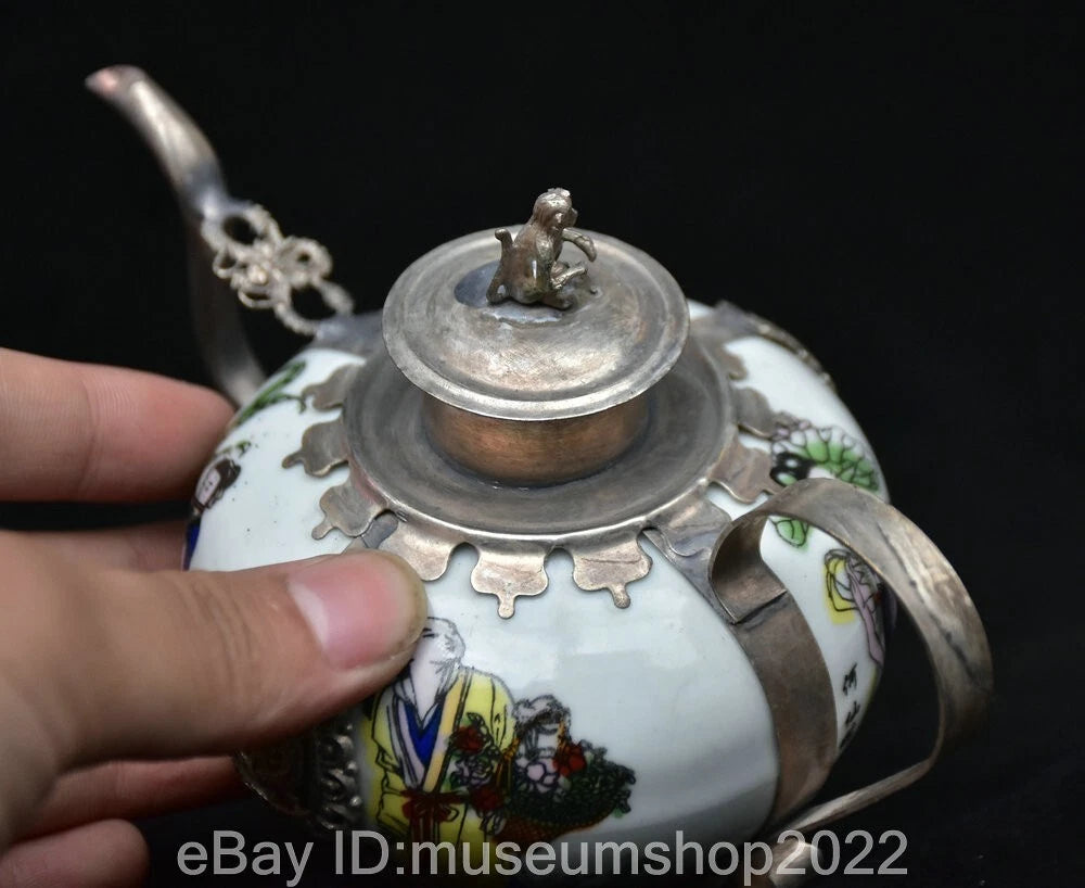 6" Old Chinese Copper Enamel Porcelain Dynasty Beauty Belle Teapot Kettle Statue