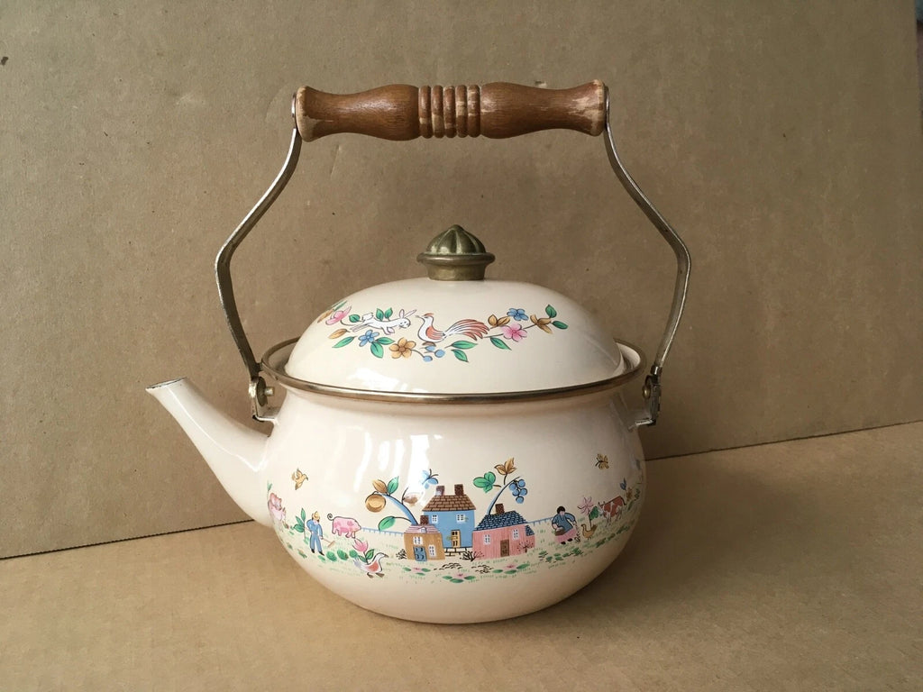 Vintage Enamelware Teapot w/Dutch Farm Scene & Wooden Handle, 9" Ht, 7 1/8" Diam