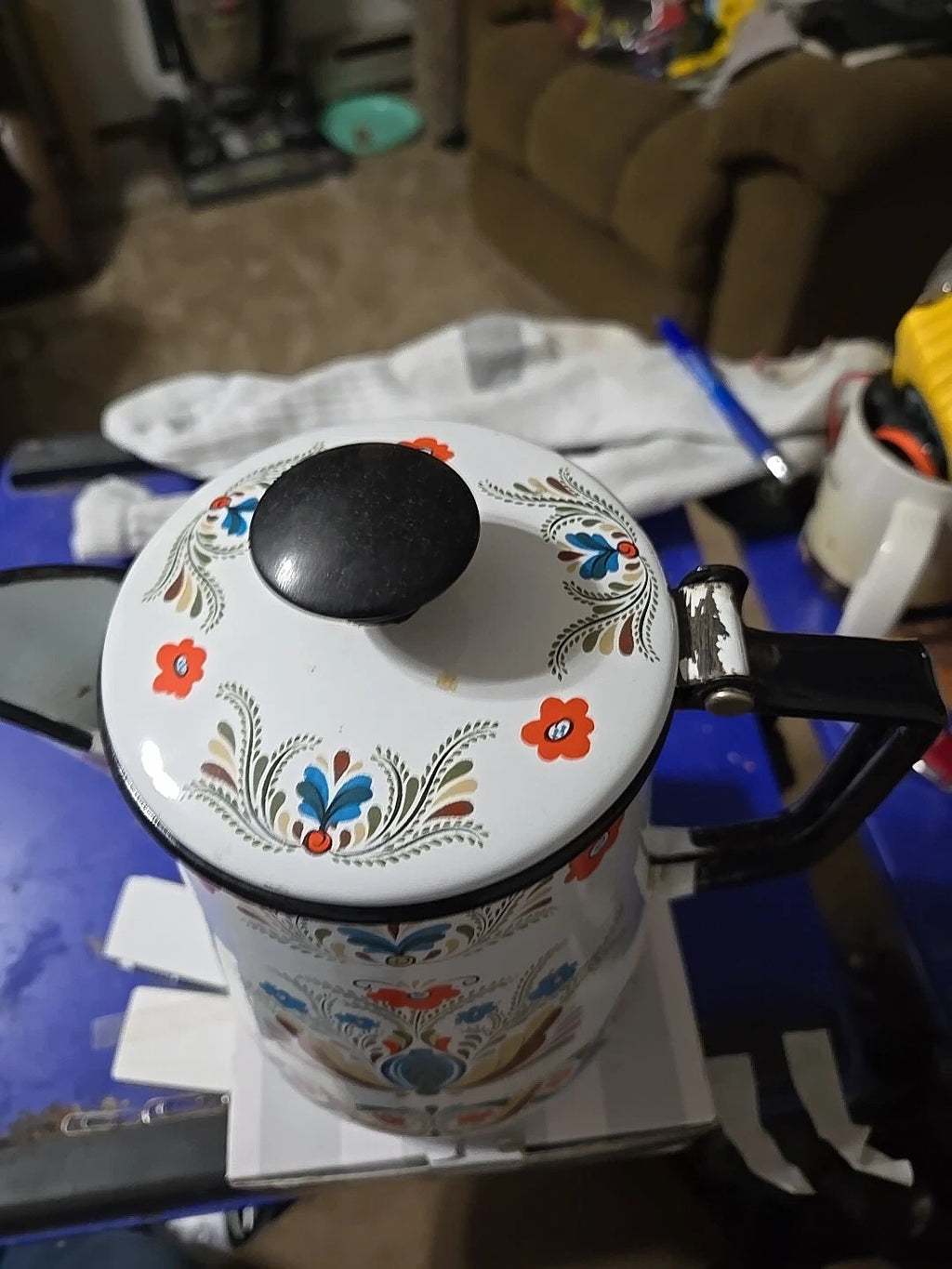 Vtg Berggren Folkart Teapot Kettle Enamel Painted Decorativ Percolator Stove Pot