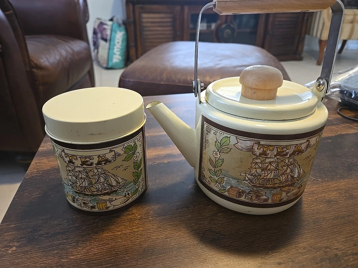Vintage Beige Enamel Wear  Tea Pot & Tea Can Kettle Wood Handles, Sailboat 5"