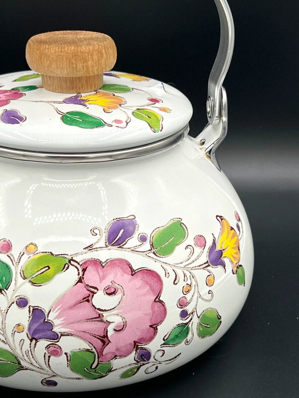 GAILSTYN SUTTON Vintage Enamel Ware Metal Teapot 1983 Floral Foliage II EUC