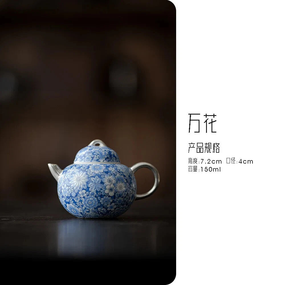 150ml Chiense Blue and White Teapot Enamel Colored Gilded Silver Pot Tea Maker