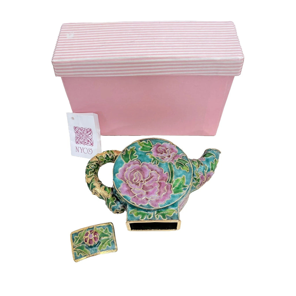 Vintage Teapot Round Metal Enamel Cloisonne Mini Teapot Turquoise Nyco 3.5" New