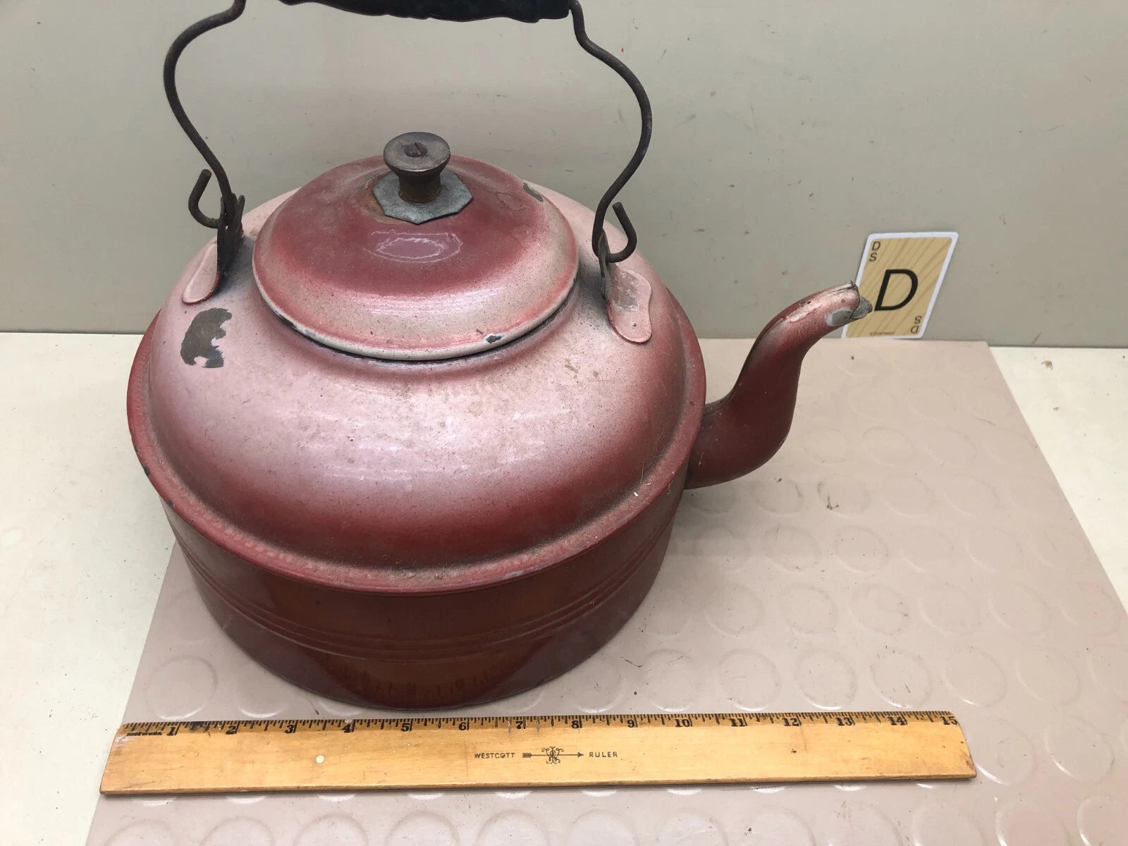 Vintage Enamelware? Tea Kettle Teapot with Wooden Handle
