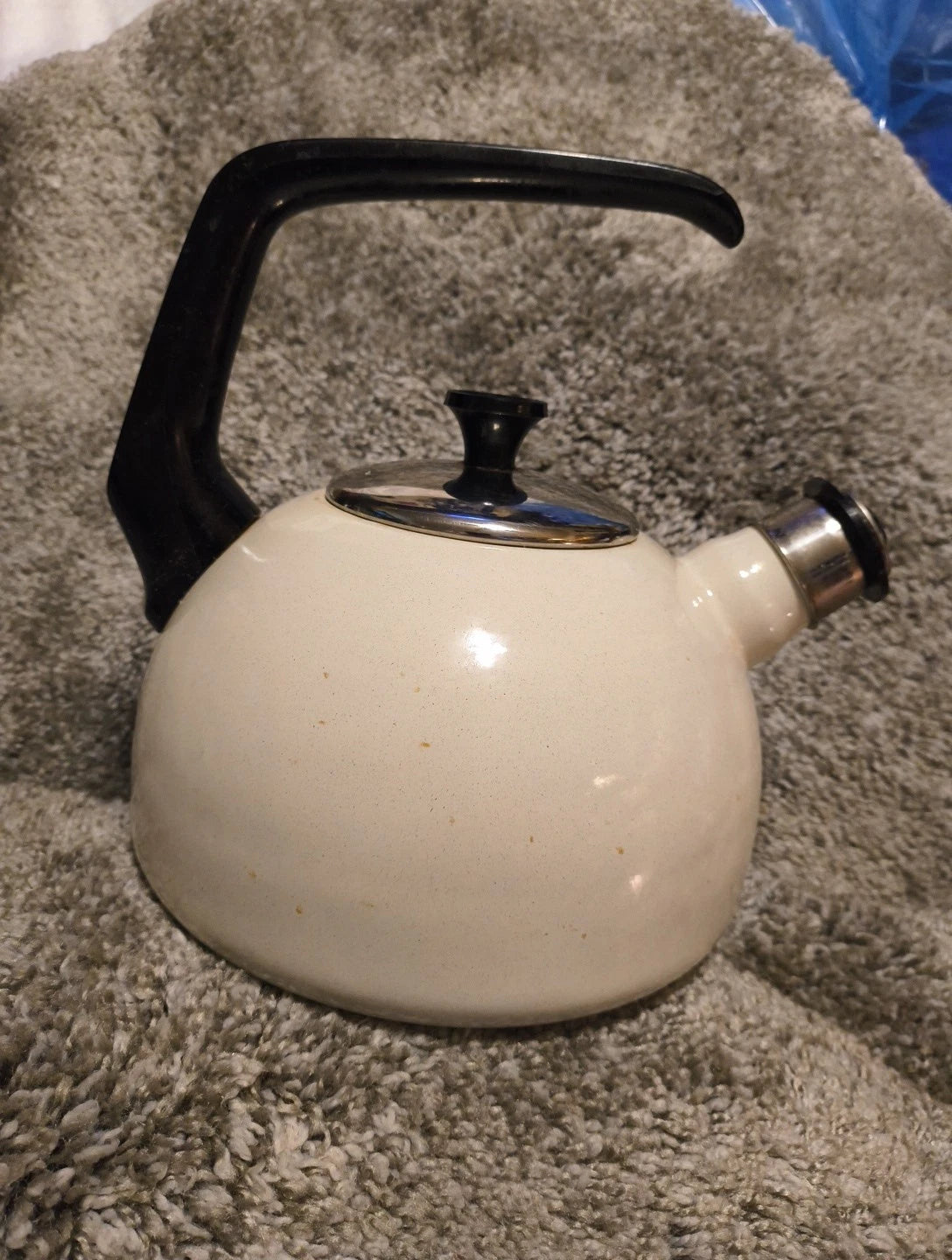 Encore White Enamel Tea Kettle Made in Spain w/ Stainless Lid, Vintage/Retro MCM