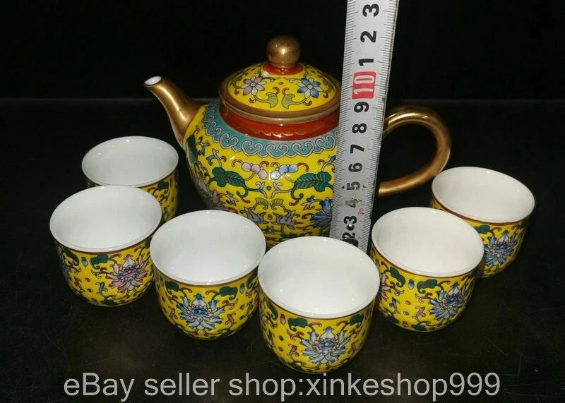 8" Old Chinese Qing dynasty Enamel Porcelain Gilt flower Tea pot Cup set