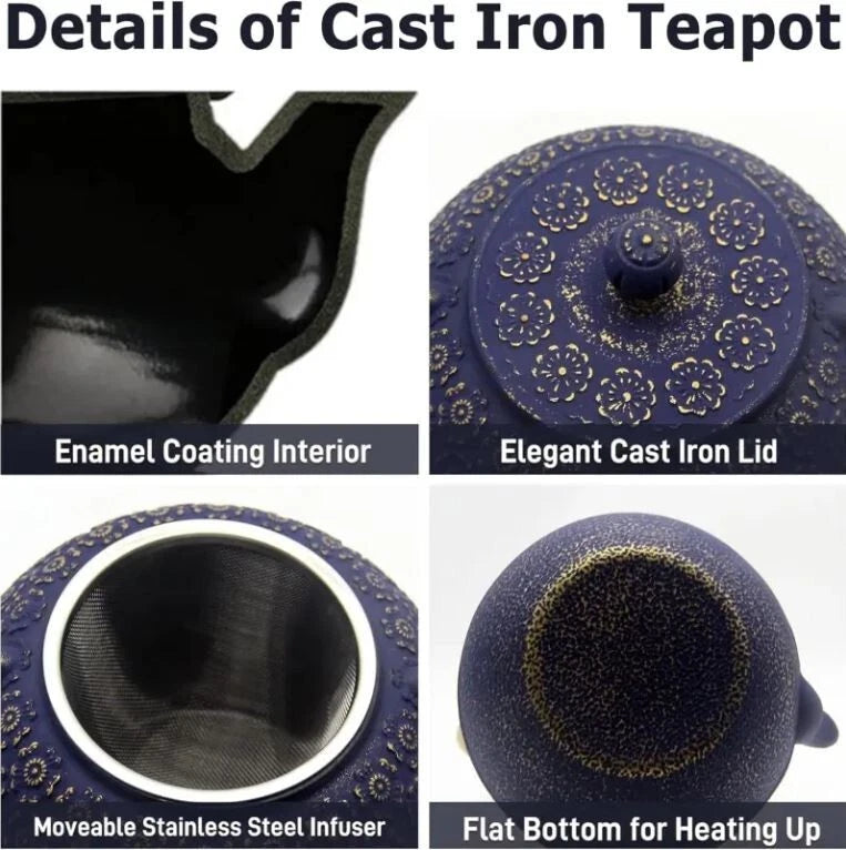Pretty Japanese style cast iron teapot 1L capacity with tea strainer and enamel