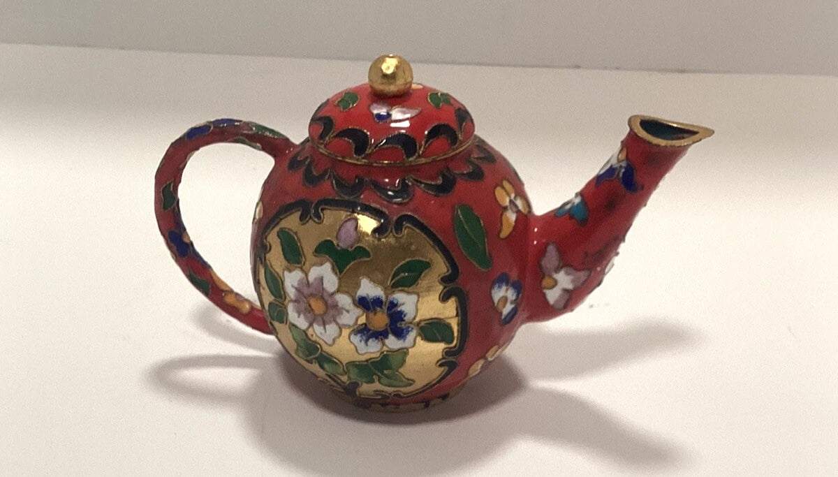 Vintage Miniature Enamel Cloisonné Red Teapot Floral 4" Tall