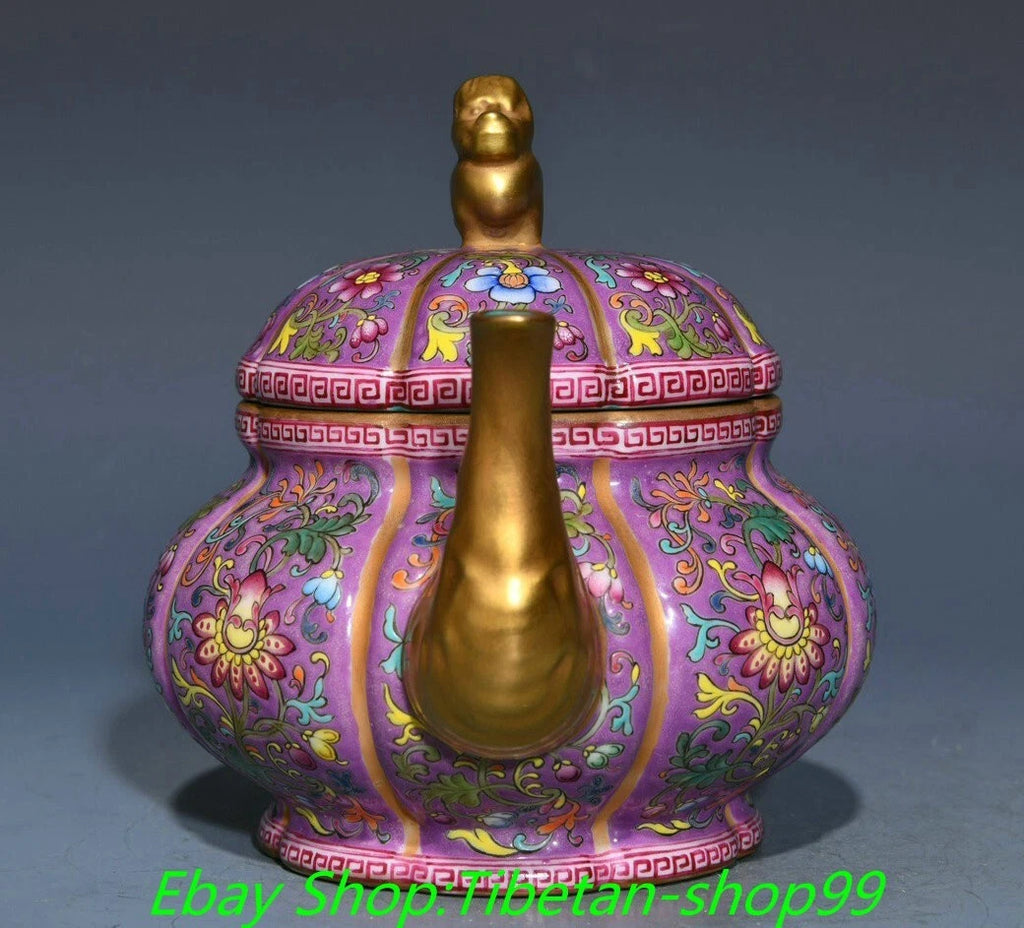 7'' Qianlong Marked Enamel Colour Porcelain Gold  Flower Wine Tea Pot Flagon