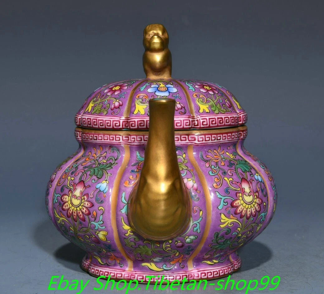 7'' Qianlong Marked Enamel Colour Porcelain Gold  Flower Wine Tea Pot Flagon