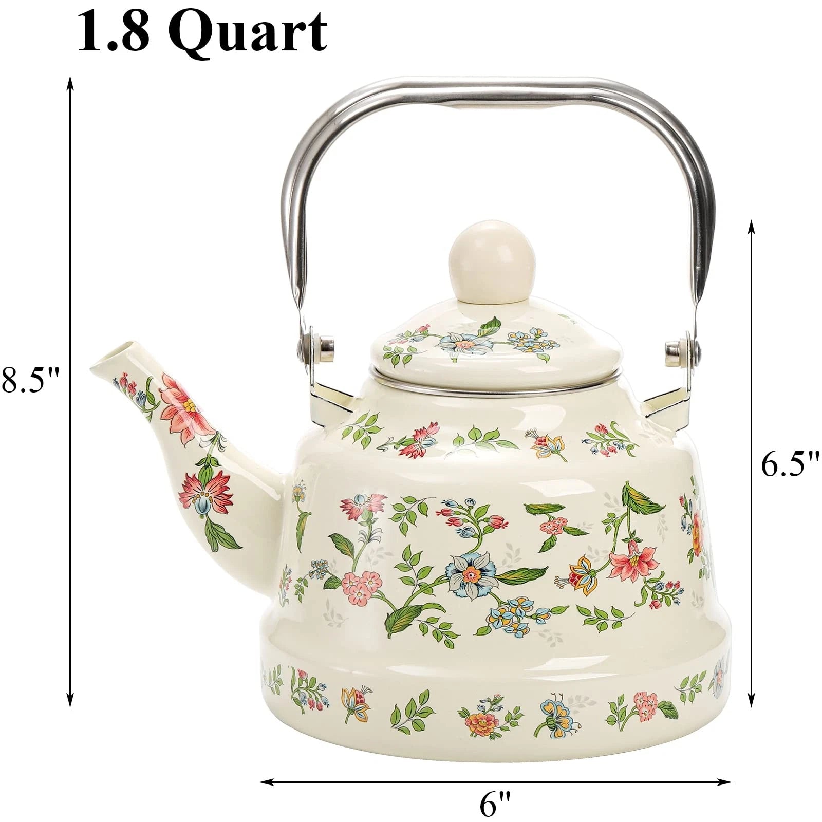 1.8 Quart Vintage Enamel Stovetop Tea Kettle, Retro Green Floral Enamel on St...