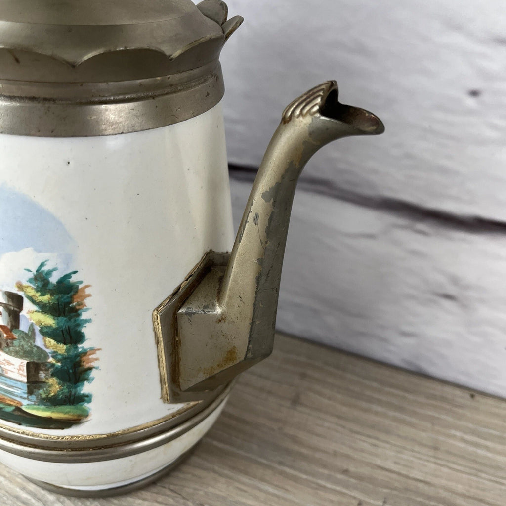 Victorian Pewter Enamelware Teapot & Tea Caddy Sugar Bowl Manning Bowman? Castle