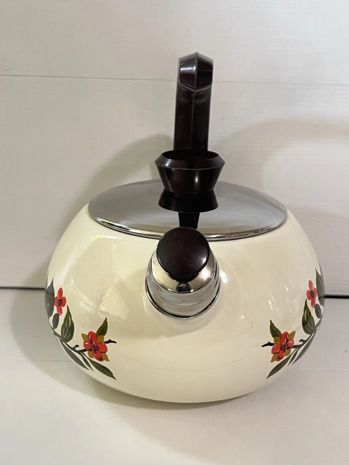 Vintage Bumper Harvest Enamelware Teapot Whistling Kettle Tea Pot