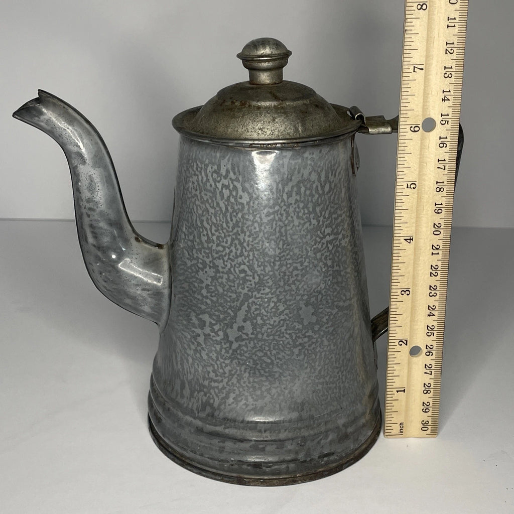 Grey Mottled Enamelware Gooseneck Hinged Coffee Tea Pot Antique Spatterware GUC