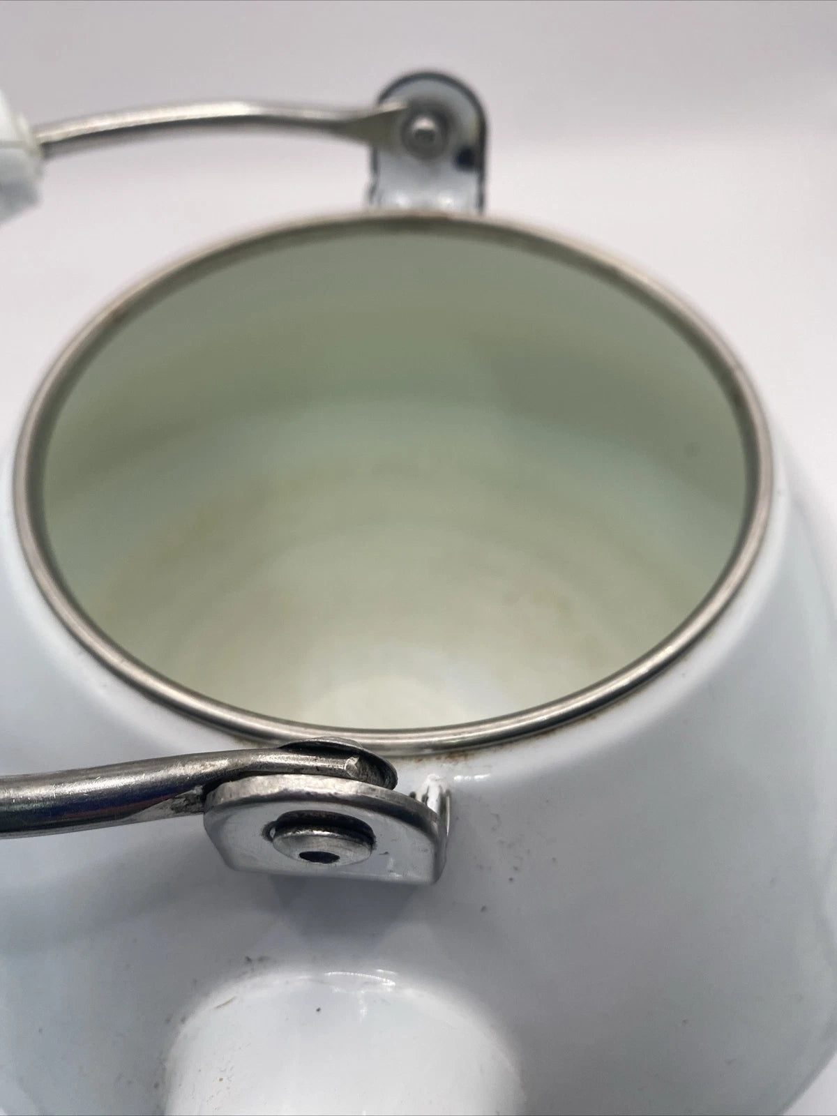 Vintage Kamenstein Tea Kettle White Enamel Tea Pot Bird Whistle 80s Retro Teapot