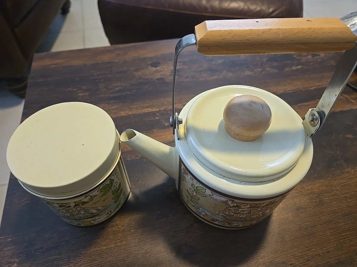 Vintage Beige Enamel Wear  Tea Pot & Tea Can Kettle Wood Handles, Sailboat 5"
