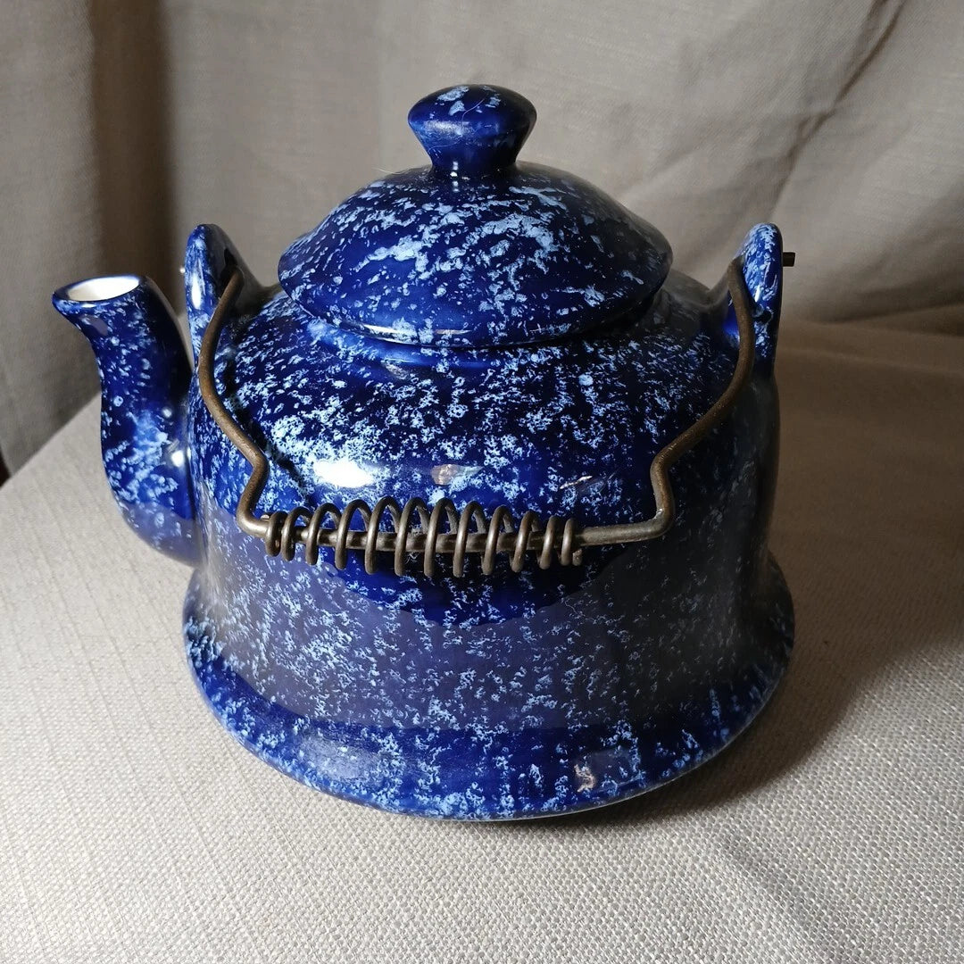 Vintage 1975  Blue Speckled Enamel Teapot Kettle Wire Handle Cabin Decor Signed