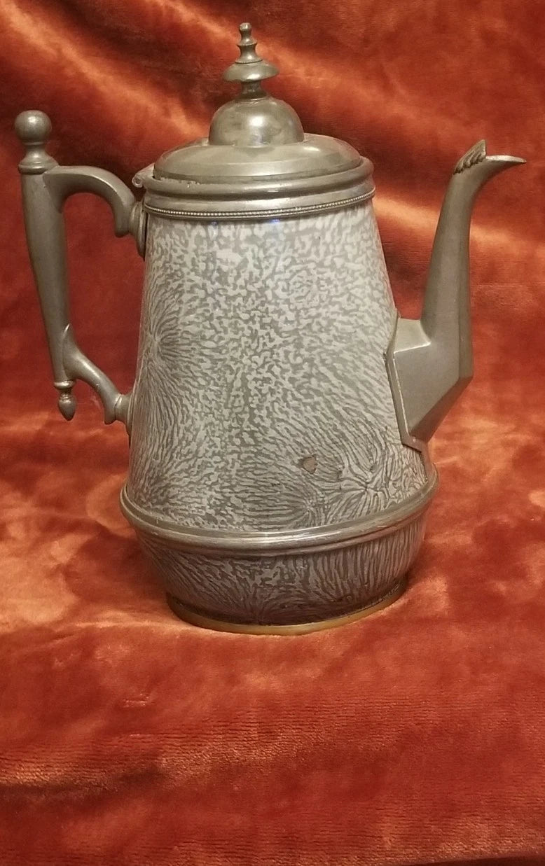 Early (1890 - 1905) Pewter-Trimmed Grey Graniteware Teapot - Enamel Ware Antique