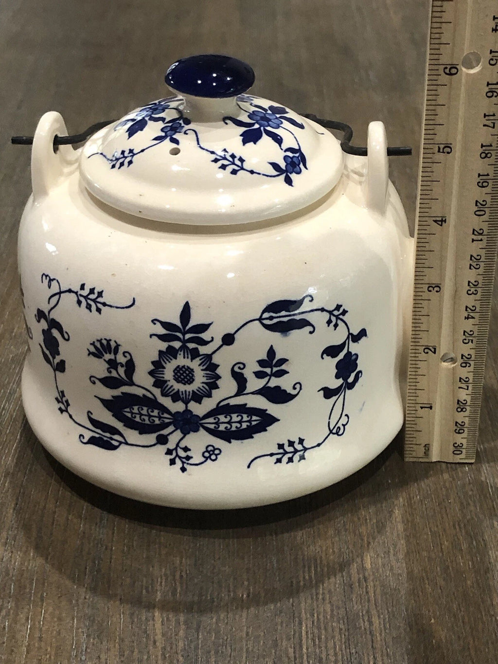 Vntg Japan Blue Onion Porcelain Enamel Ware Teakettle W/Wire Metal HandleVGUC