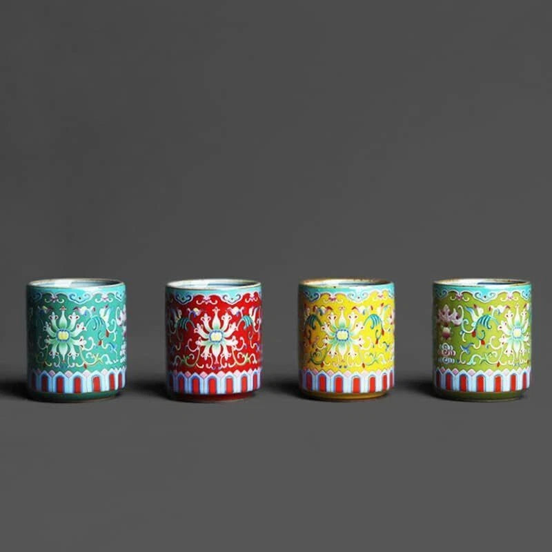 4pcs Enamel Pastel Rolling Porcelain Straight Mouth Teacup Retro Pottery Gift