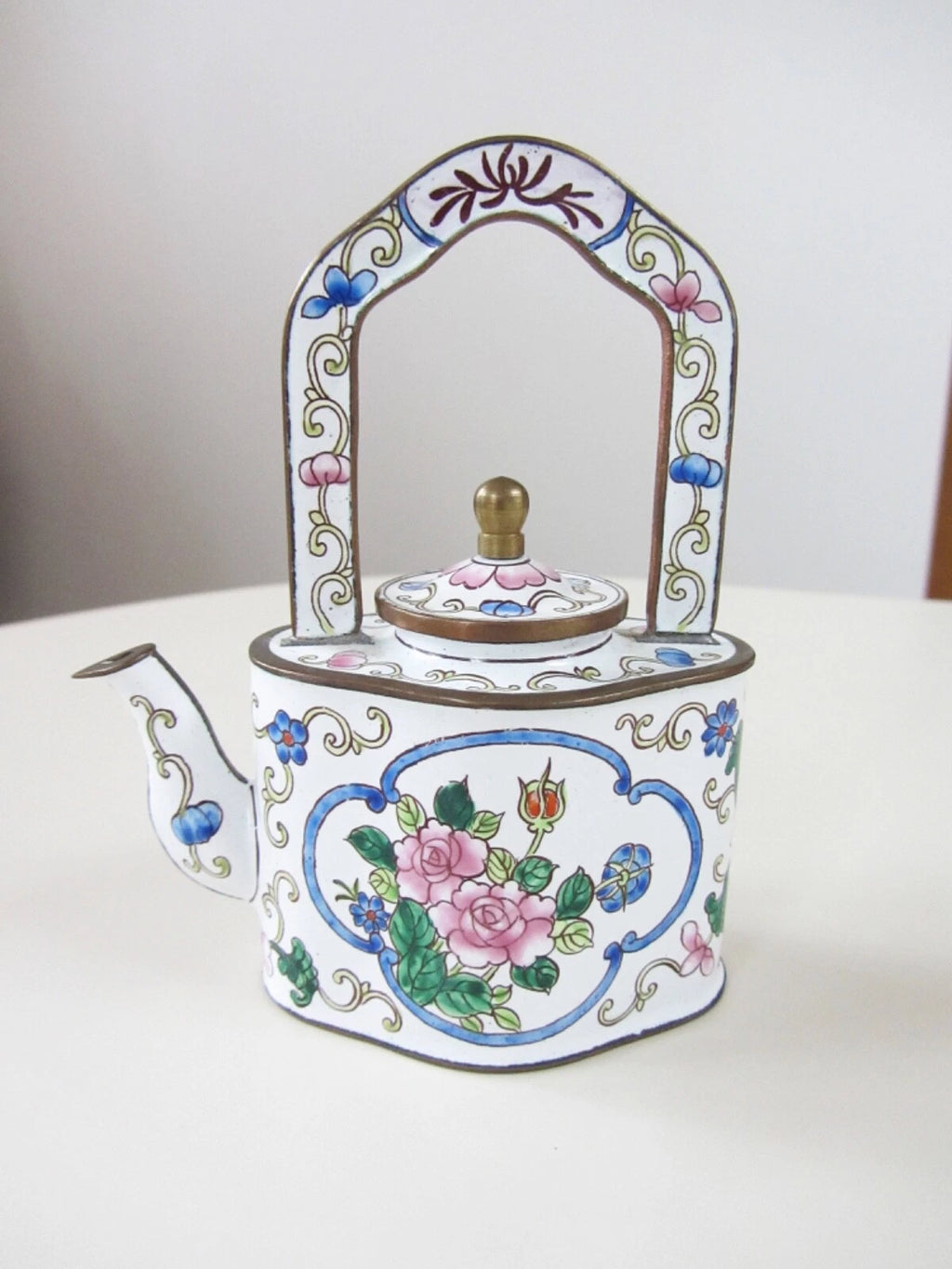 Kelvin Chen Enamel Miniature Teapot No. 868 Floral Roses Tall Handle