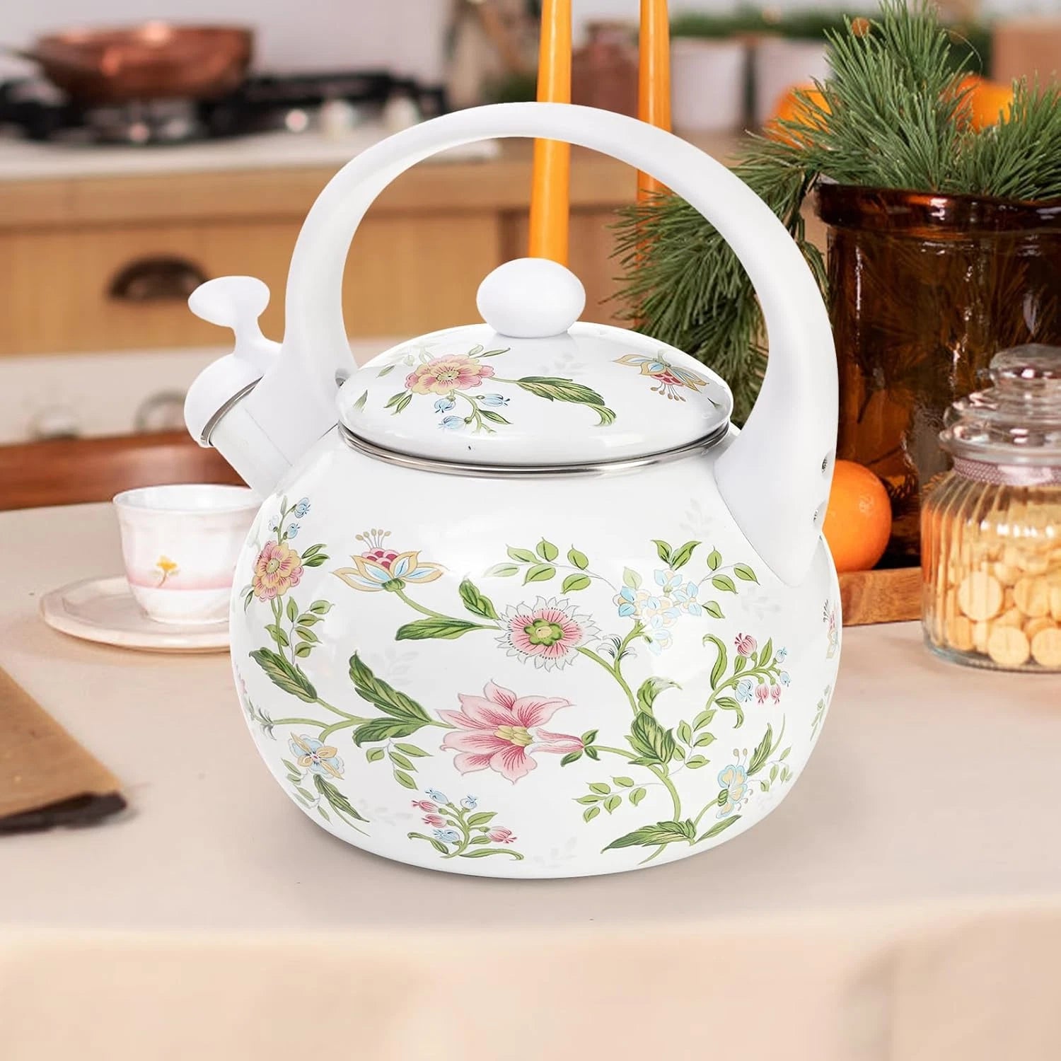 2.3 Quart Vintage Enamel Tea Kettle Whistling Tea Kettle for Stove Top Floral
