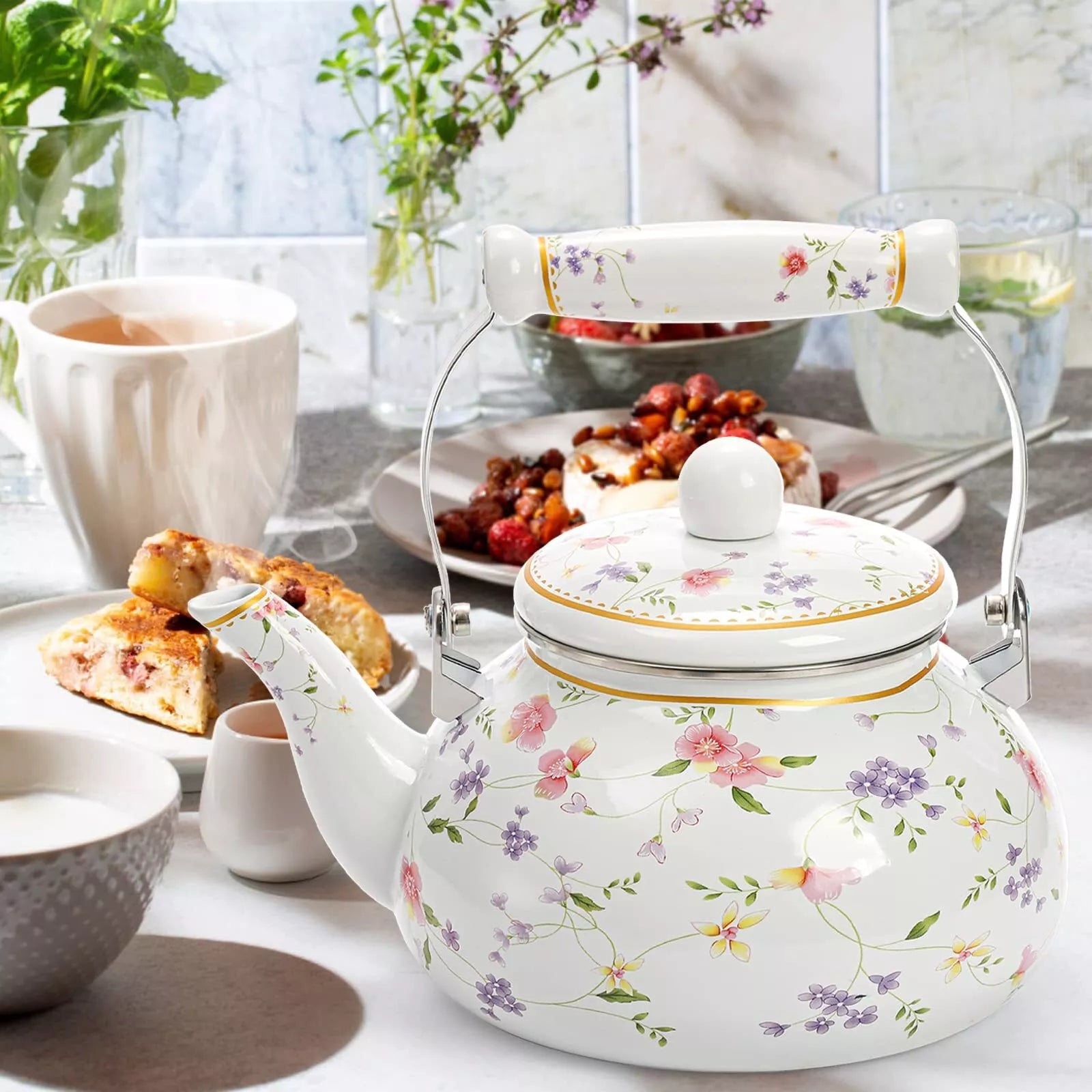 Vintage Enamel Tea Kettle 2.6 Quart Floral Enamel on Steel Water Kettle Teapo...