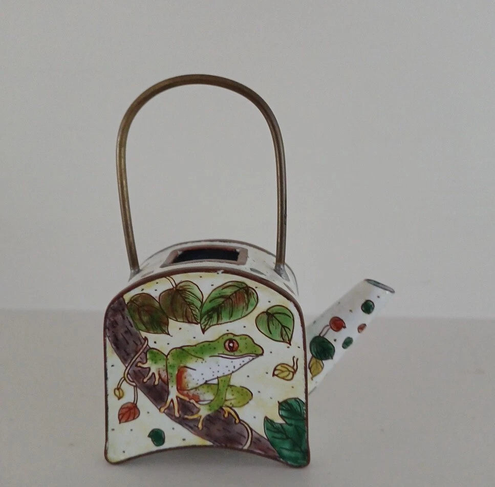 Miniature Empress Arts Enamel Teapot Tree Frog Foliage - Missing Lead