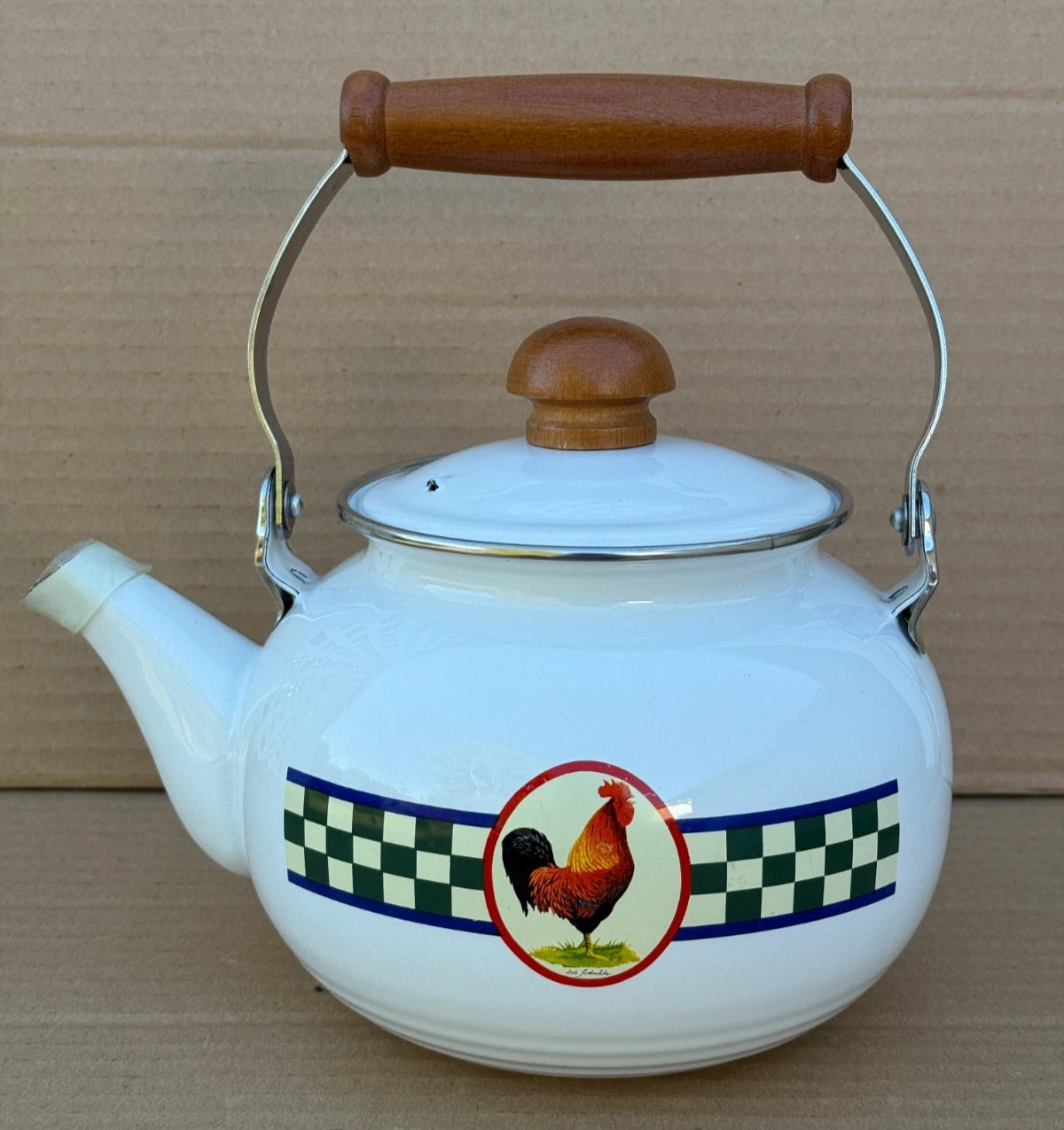 Bob Timberlake Rooster Whistling Kettle Tea Pot Enamel Checkered Board