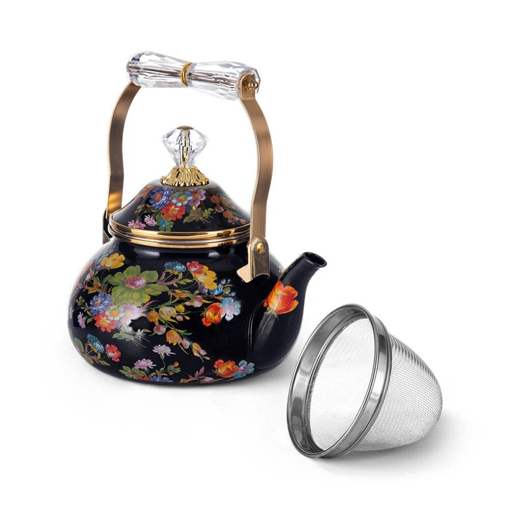 Floral Teapot with Infuser Enamel Flower Garden Perfect for  Tea & Coffee 2.5L