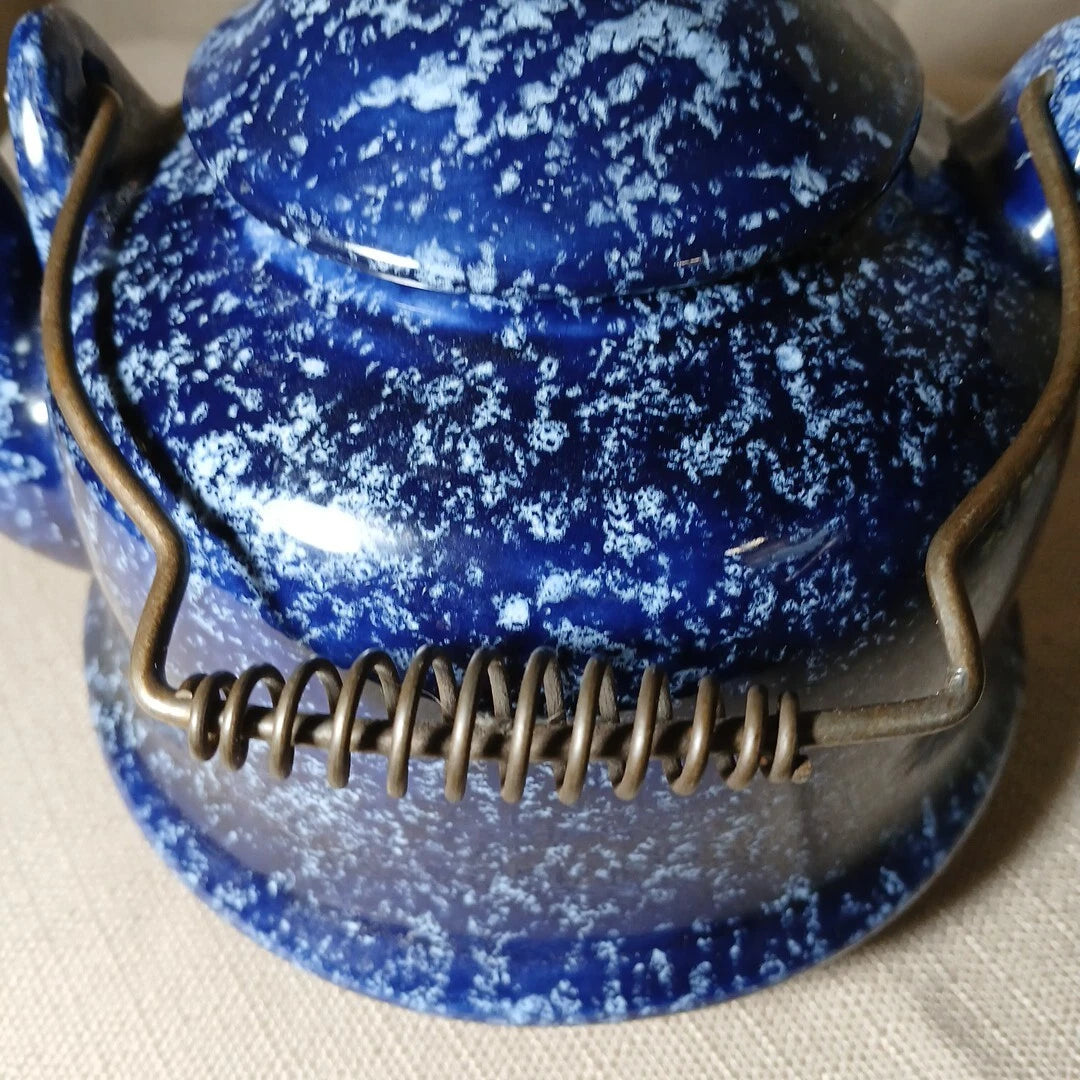 Vintage 1975  Blue Speckled Enamel Teapot Kettle Wire Handle Cabin Decor Signed