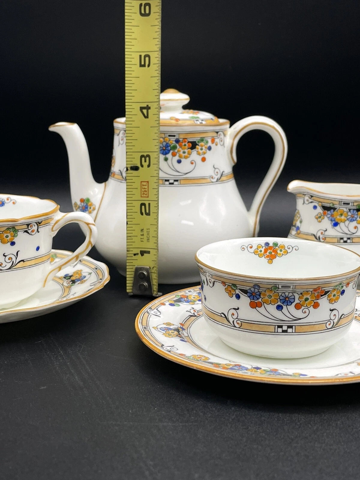ROYAL DOULTON 1920s Art Deco Tea Set Floral Flowers Hand Painted Enameled
