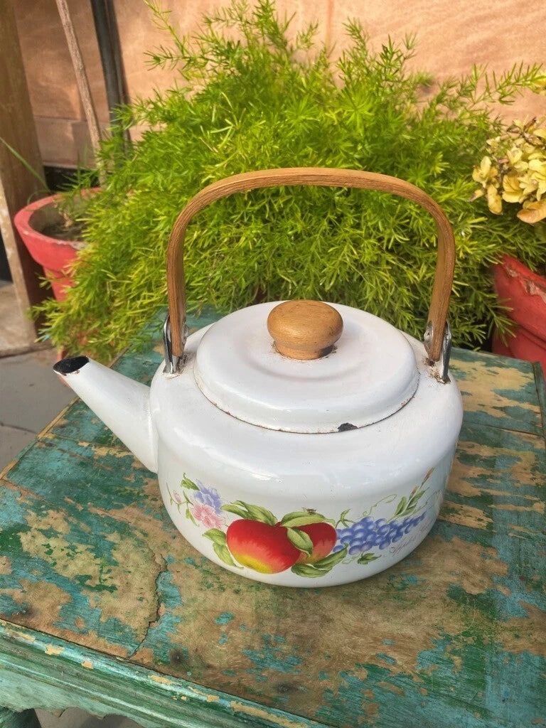 Vintage Old Enamel Porcelain Apple Grapes Print Wooden Handle Teapot Kettle