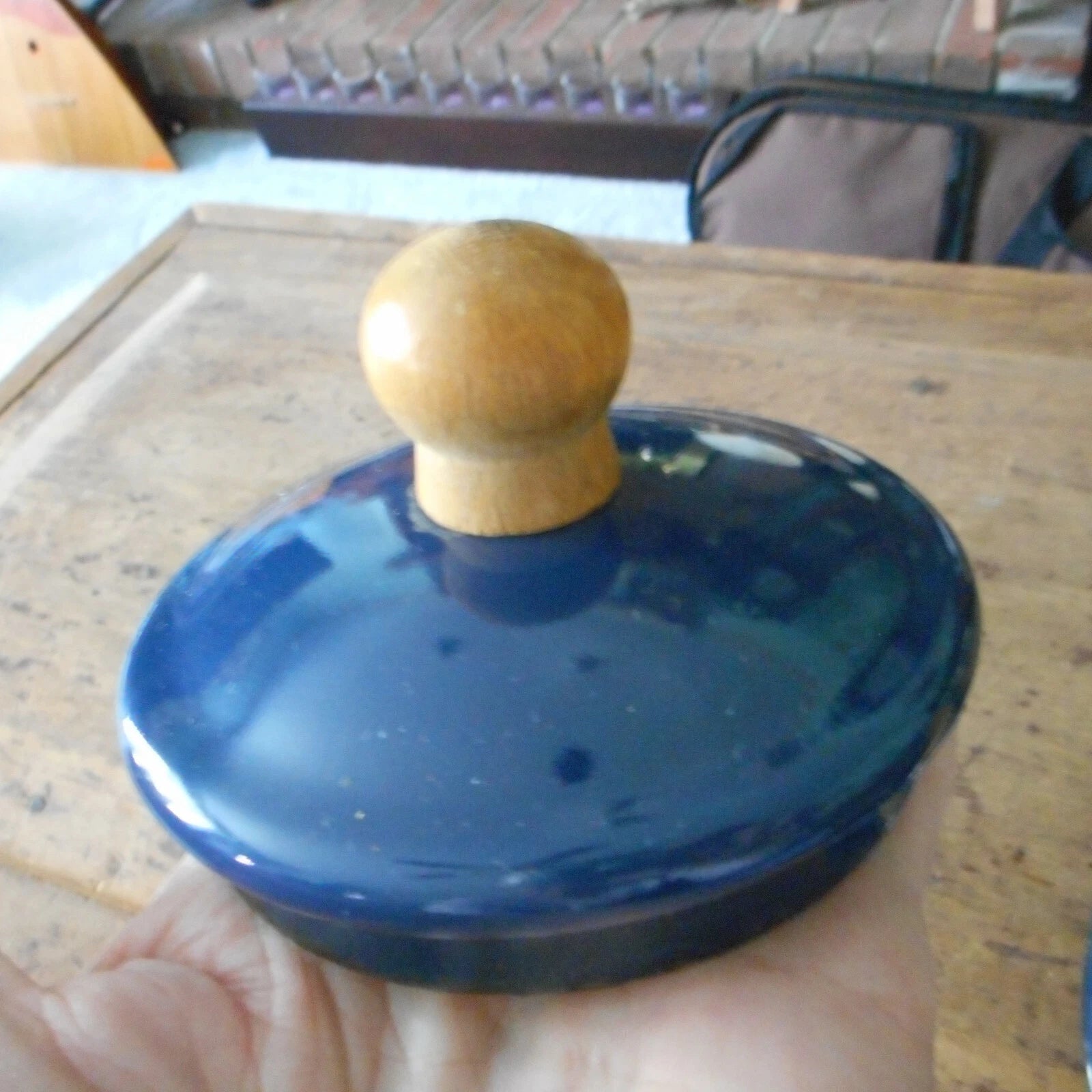 Blue Metal Enamel Teapot with Lid  And Wooden Handle