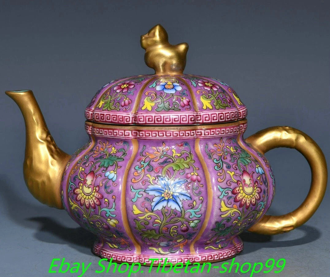 7'' Qianlong Marked Enamel Colour Porcelain Gold  Flower Wine Tea Pot Flagon