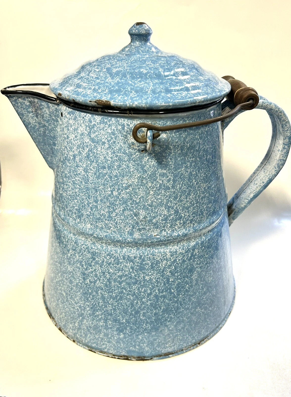 Large Granite Ware Enamel Ware  Blue White Splatter Swirl Teapot Vintage