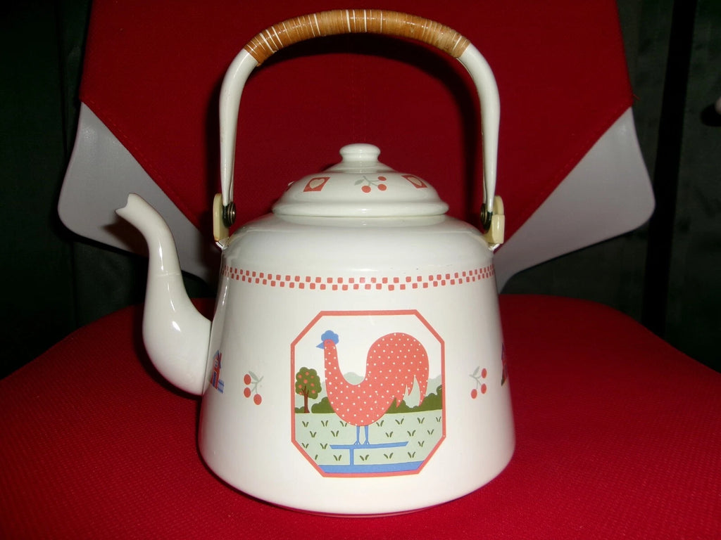 vintage enamel farm scene tea kettle by raintree ltd