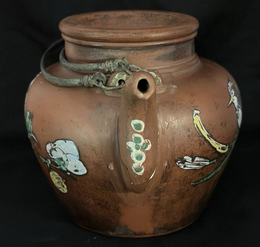 ANTIQUE CHINESE YIXING ZISHA CLAY TEAPOT WITH ENAMELED FLORAL & BIRD DECORATIONS