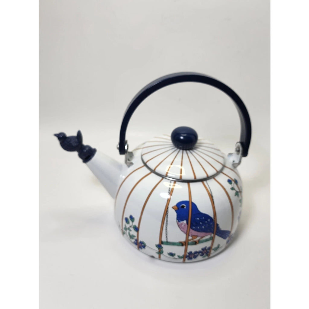 VINTAGE WHITE ENAMEL COFFEE / TEA POT Blue Bird In A Cage.